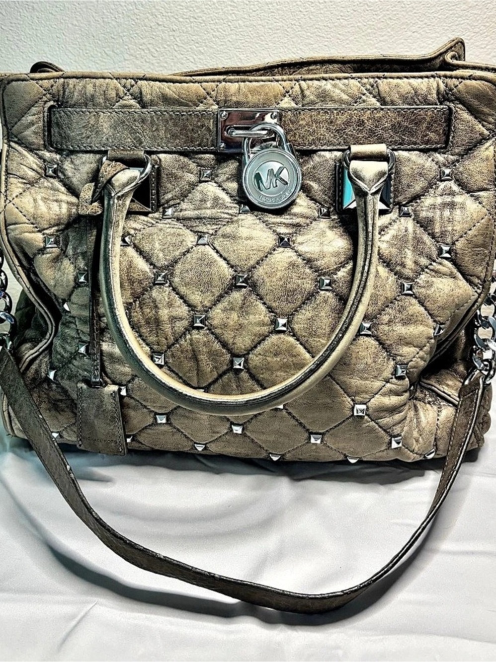 Michael Kors Hamilton Quilted Studded Satchel Shoulder Bag in Gold